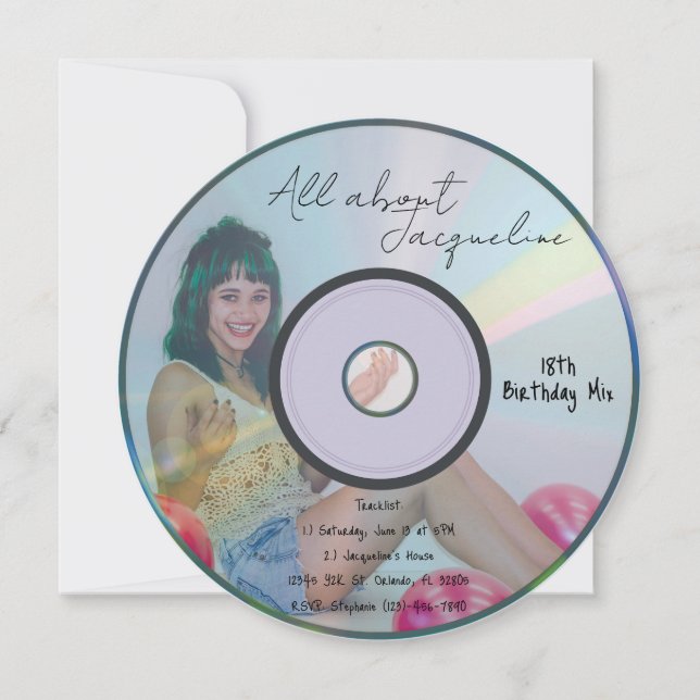 Invitation Musique CD Fille Rétro Bleu Anniversaire (Devant)