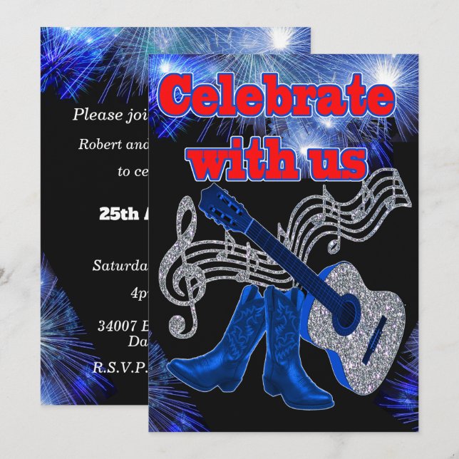 Invitation Musique Country Blue Guitar Et Bottes De Cow-boy (Devant / Derrière)