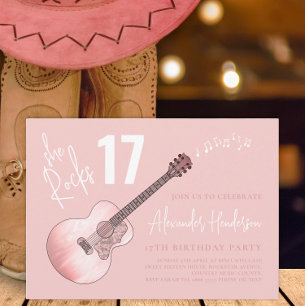 Invitation Musique country Guitare rose 17ème anniversaire