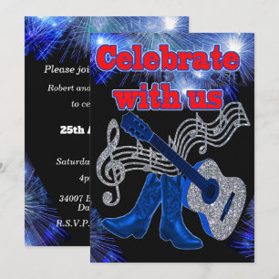 Invitation Musique Country Western Guitare Bleue Et Bottes De