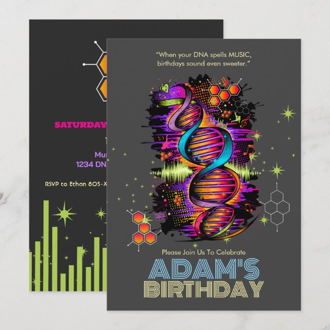 Invitation Musique dans votre ADN Anniversaire (Devant / Derrière)