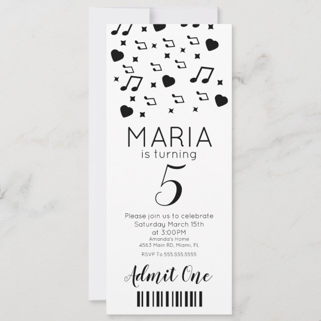 Invitation Musique de concert mignonne   Style de billet de f (Devant)