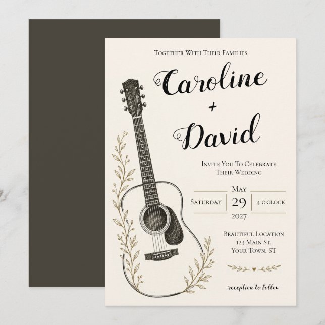 Invitation Musique de guitare Élégant Mariage rustique  (Devant / Derrière)