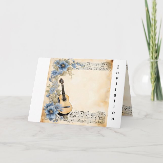 Invitation Musique de Guitare Notes Fleurs Bleu (Devant)