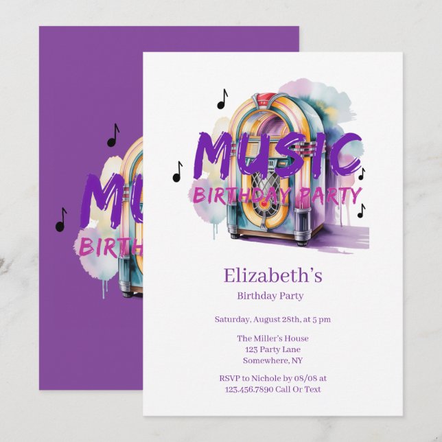 Invitation Musique de Jukebox Rétro pour Fête d'Anniversaire  (Devant / Derrière)