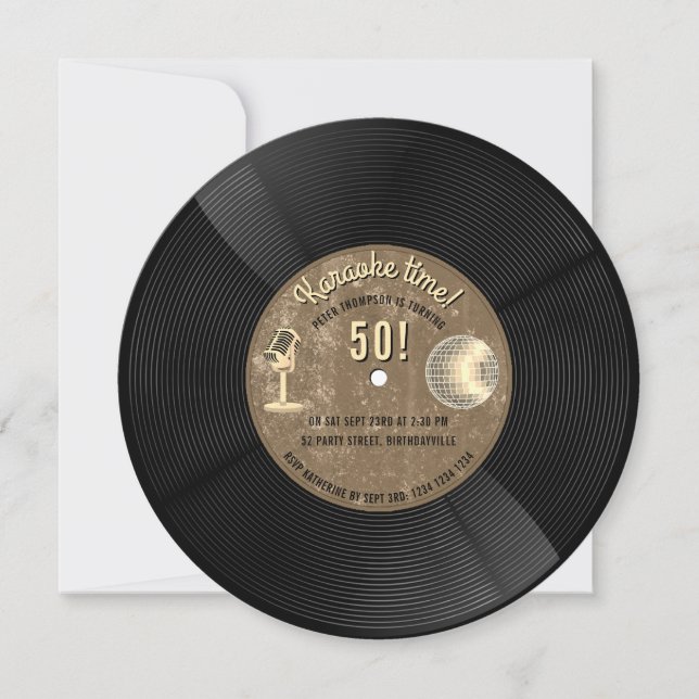 Invitation Musique de karaoke de disque vinyle rétro Annivers (Devant)