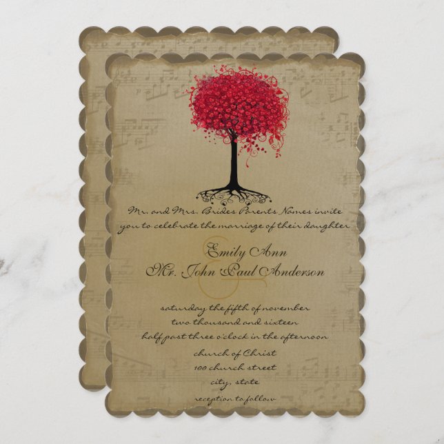 Invitation Musique Gold Rouge coeur Leaf Tree Mariage Invitat (Devant / Derrière)