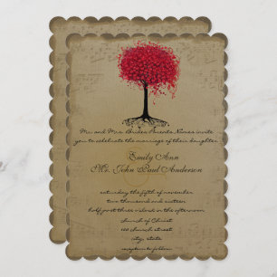 Invitation Musique Gold Rouge coeur Leaf Tree Mariage Invitat