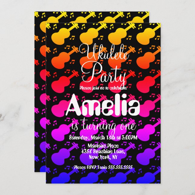 Invitation Musique guitare Ukulele Anniversaire (Devant / Derrière)