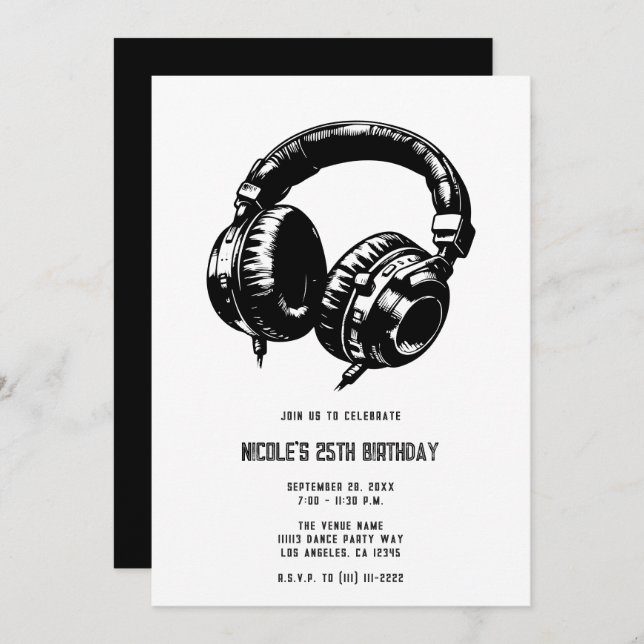 Invitation Musique Headphones Dance Party DJ Anniversaire (Devant / Derrière)