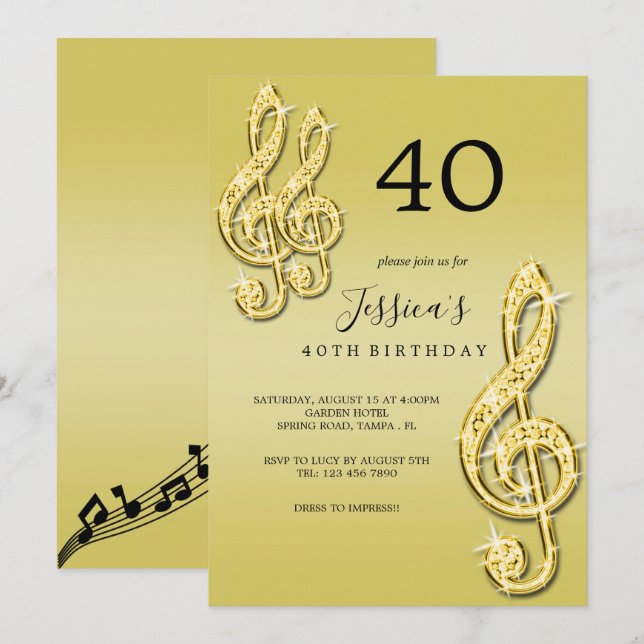 Invitation Musique Notes Anniversaire Glitzy Or (Devant / Derrière)