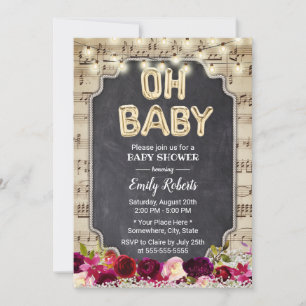 Invitation Musique Oh Baby shower Rustique Bourgogne Rouge Fl