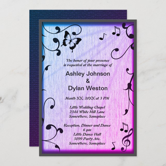 Invitation Musique Papillon Feuille Bleu & Purple Mariage Boi (Devant / Derrière)