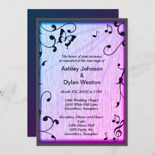 Invitation Musique Papillon Feuille Bleu & Purple Mariage Boi