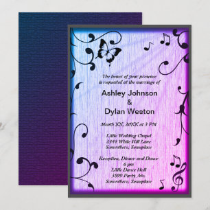 Invitation Musique Papillon Feuille Bleu & Purple Mariage Boi