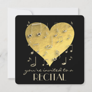 Invitation musique récital coeur doré et notes