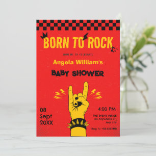 Invitation Musique rock rétro baby shower jaune rouge