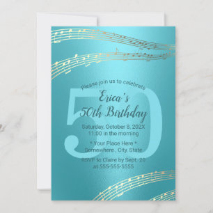 Invitation Musique Turquoise & Gold moderne 50e anniversaire