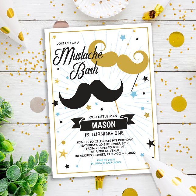 Invitation Mustache Bash Boy Anniversaire Faux Parties scinti (Créateur téléchargé)