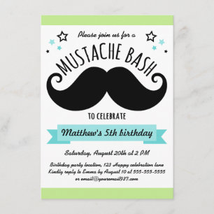Invitation Mustache bash fête d'anniversaire citron vert aqua