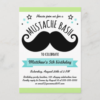 Invitation Mustache bash fête d'anniversaire citron vert aqua