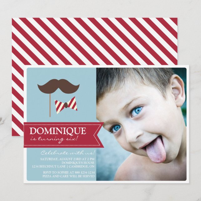 Invitation Mustache & Bow Cravate Photo Anniversaire Fête Inv (Devant / Derrière)