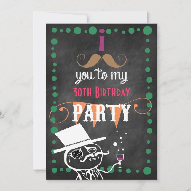 Invitation Mustache Chalkboard fête d'anniversaire (Devant)