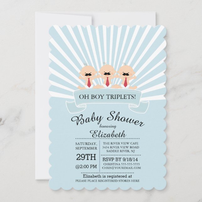 Invitation Mustache moderne Triplet Boy Baby shower Invitatio (Devant)