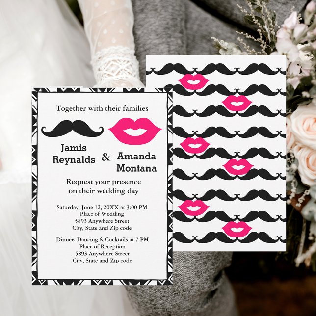 Invitation Mustache noire et lèvres roses Mariage en couple I (Black Mustache and Pink Lips Couple Wedding Invite)