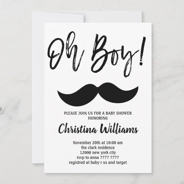 Invitation Mustache Oh Boy Baby shower Minimal moderne Élégan (Devant)
