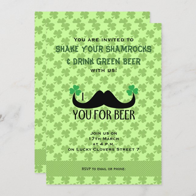 Invitation Mustache you beer St Patrick Day Clovers Invitatio (Devant / Derrière)