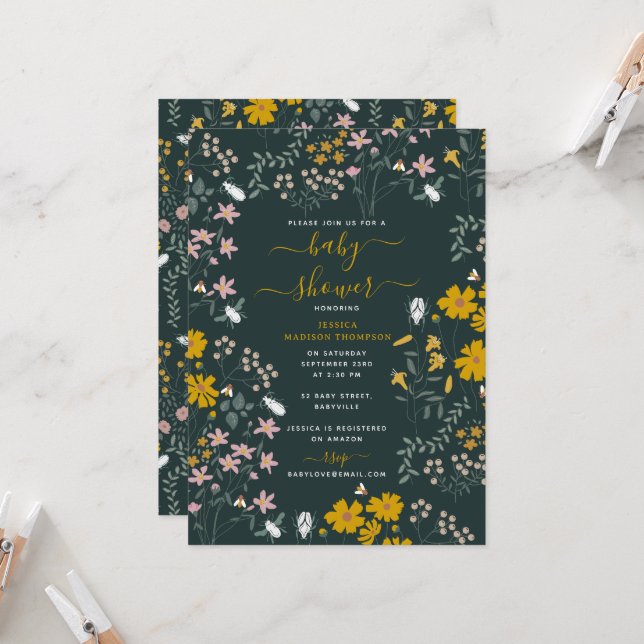 Invitation Mustard Floral Fleur sauvage Baby shower (Devant/Arrière en situation)