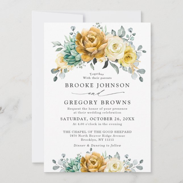 Invitation Mustard Jaune Floral Sage Vert Mariage moderne (Devant)