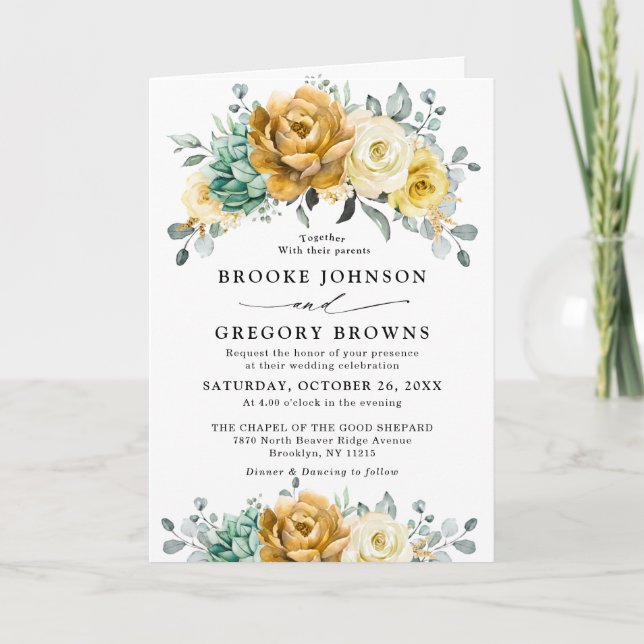Invitation Mustard Jaune Floral Sage Vert Mariage moderne (Devant)