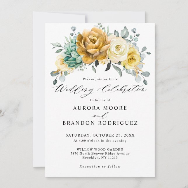 Invitation Mustard Jaune Floral Sage Vert Mariage moderne (Devant)