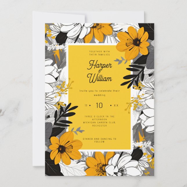 Invitation Mustard jaune noir et blanc fleurs mariage (Devant)
