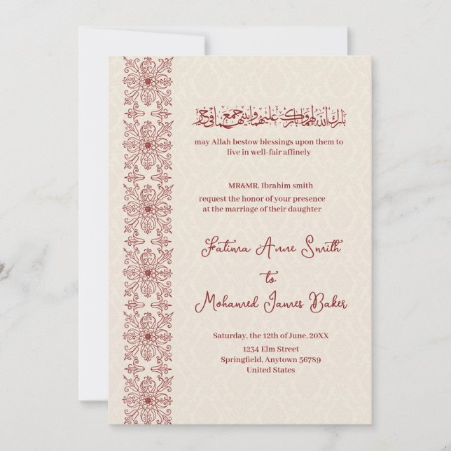 Invitation Musulman anglais beige et rouge traditionnel simpl (Devant)