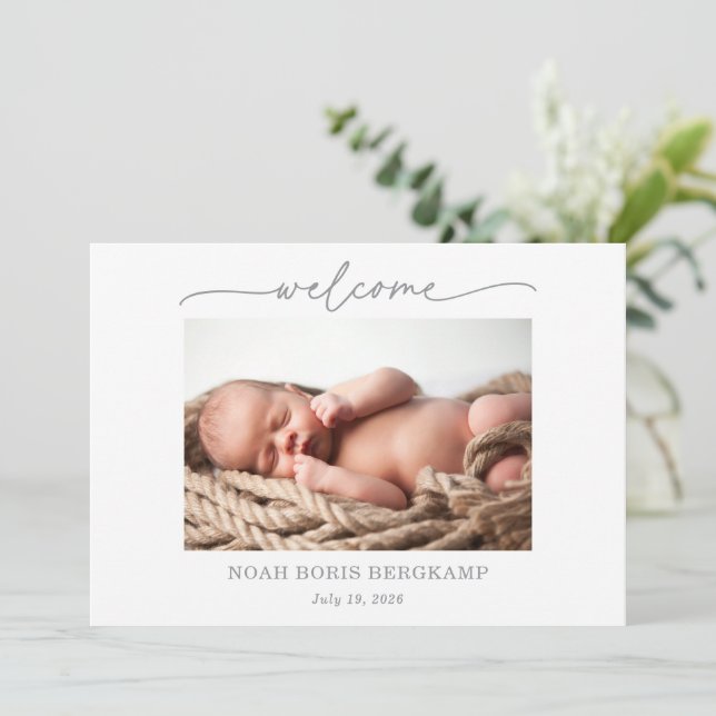 Invitation Muted Gray Baby Photo Welcome Announcement Card (Debout devant)