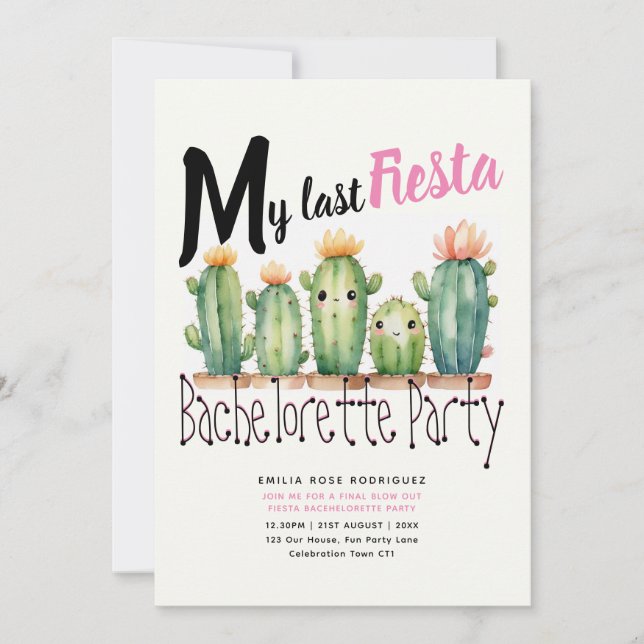 Invitation My Dernier Fiesta Bachelorette Party Cactus thème (Devant)