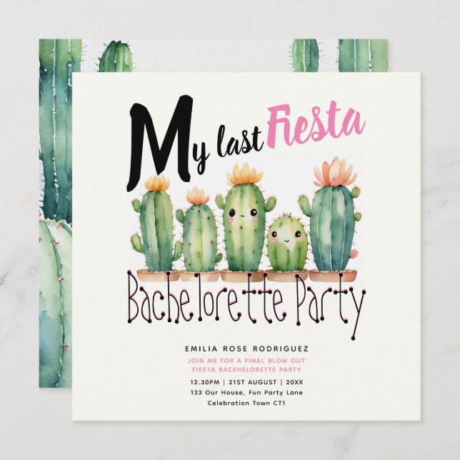 Invitation My Dernier Fiesta Bachelorette Party Cactus thème (Devant / Derrière)