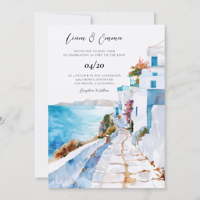Invitation Mykonos Greece Watercolor Wedding (Devant)