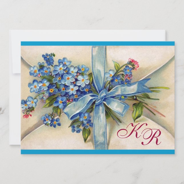 Invitation MYOSOTIS MONOGRAMME, CORTÈGE DE MARIAGE bleu or (Devant)