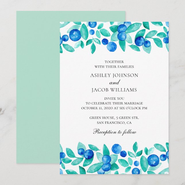Invitation Myrtilles de la forêt. Mariage de jardin à la ment (Devant / Derrière)