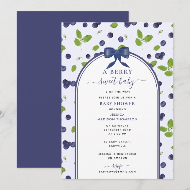 Invitation Myrtilles Une Fête de Bébé Douce aux Fruits Garçon (Devant / Derrière)