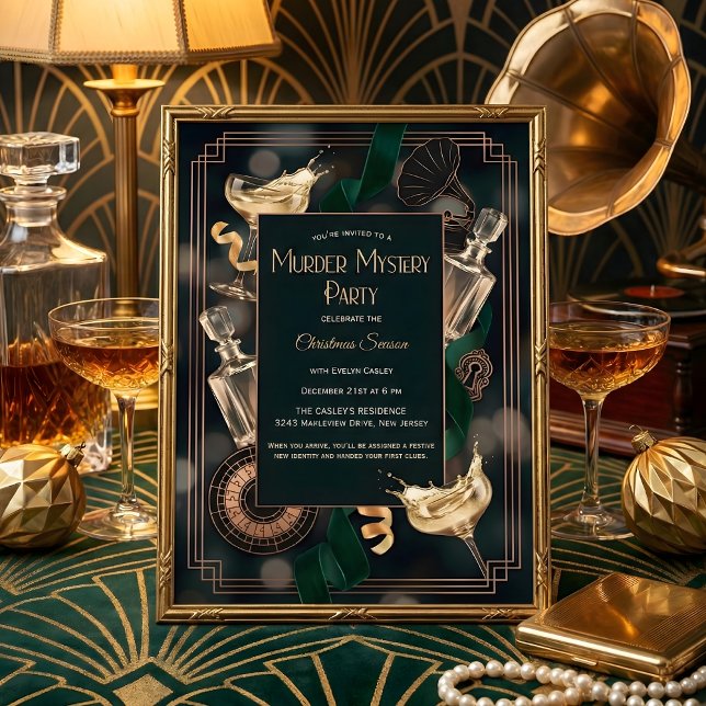 Invitation Mystère meurtrier de Noël à la soirée clandestine  (Speakeasy Murder Mystery Christmas Party – Art Deco Black & Gold, Champagne, Personalized)