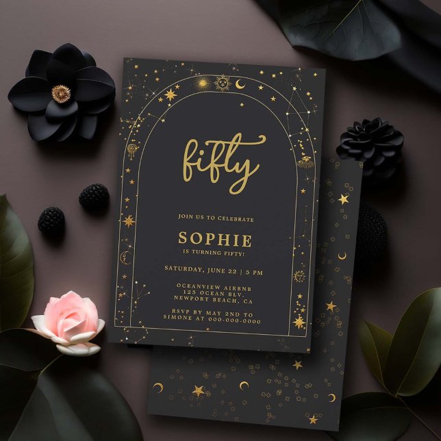 Invitation Mystic Fortune Astrologie Boho Arch 50e anniversai (celestial theme 50th birthday invitations for women tarot horoscope constellations zodiac black gold)