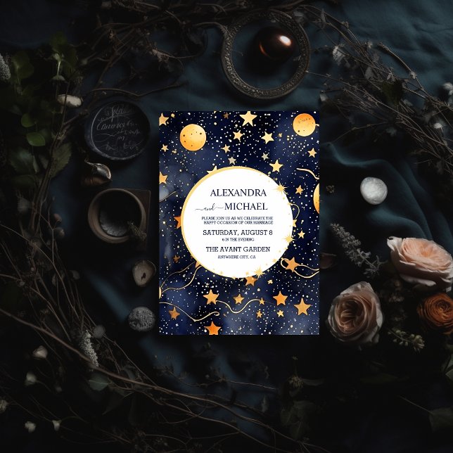 Invitation Mystic Midnight Blue et Gold Watercolor Mariage (Créateur téléchargé)