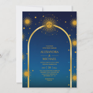 Invitation Mystical Blue Gold Celestial Stars Mariage Invita