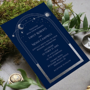 Invitation Mystical Blue Silver Sun Star Moon