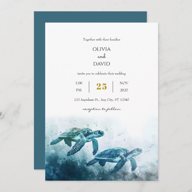 Invitation Mystical Moonlight Blue Sea Turtle Love Mariage (Devant / Derrière)